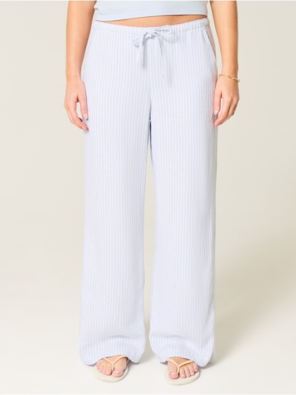 Hollister Linen-Blend Baggy Pull-On Pants lined white blue stripe women’s large